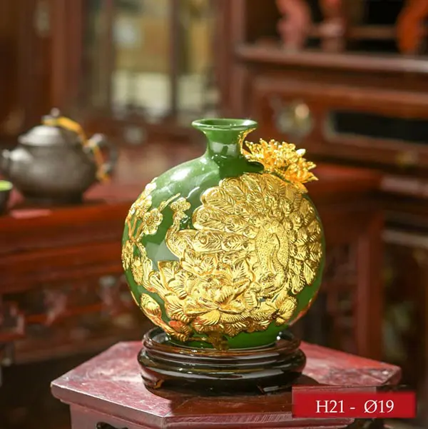 Bình hút lộc vinh hoa phú quý màu xanh lá dát vàng h22