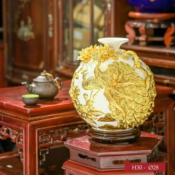 Bình phong thủy dát vàng vinh hoa phú quý màu trắng H30cm