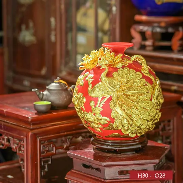 Bình gốm tài lộc vinh hoa phú quý dát vàng đỏ 30cm