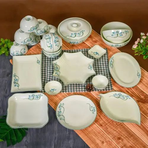 Bộ bát đĩa bát tràng xanh hoa sen men kem đầy đủ