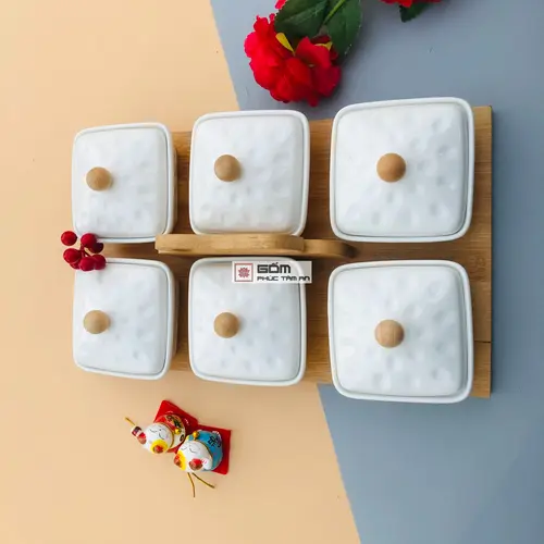 Khay mứt sứ hình chữ nhật có quai sách