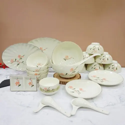 mua bộ bát đĩa cao cấp gốm sứ đẹp hoa đào, mua bộ đồ ăn gốm sứ đẹp bát đĩa cao cấp hoa đào bát tràng, mua bộ đồ ăn gốm sứ đẹp bát đĩa bát tràng