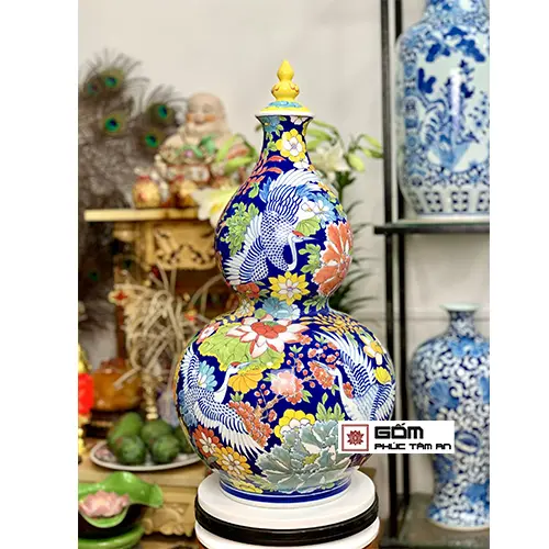 Hồ lô gốm sứ sen hạc phú quý cát tường cao 60cm