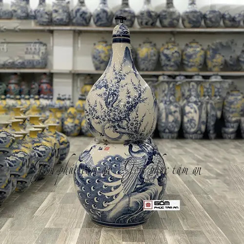 Hồ lô gốm sứ công đào bày ban thần tài