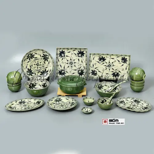 Bộ bát đĩa gốm bát tràng phù dung xanh đồng