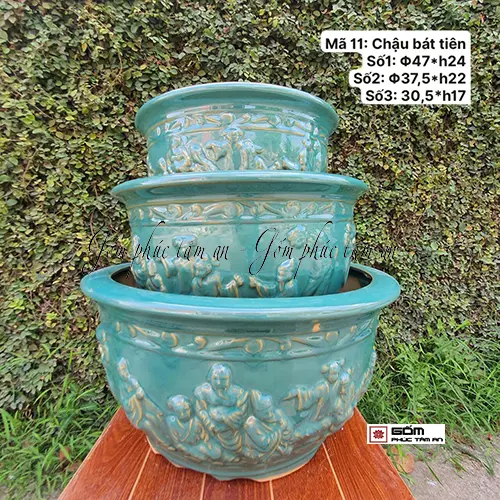 Chậu men sứ trồng cây màu xanh bát tiên