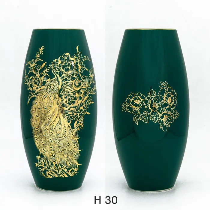 Lọ hoa tài lộc chim công màu xanh