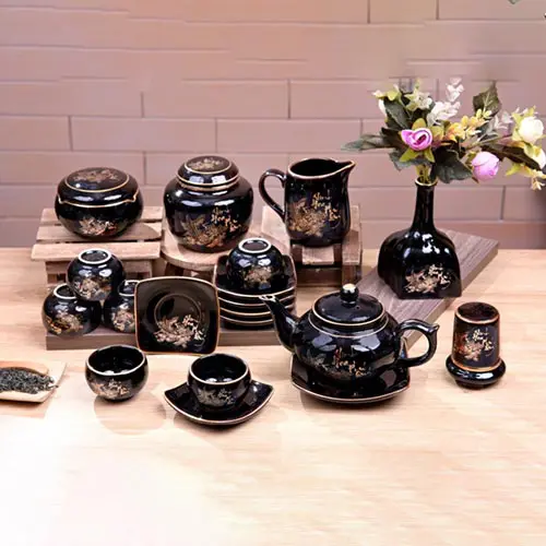Bộ ấm chén vẽ vàng kim chim hạc phú quý