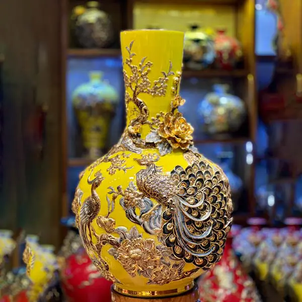 Bình củ tỏi bát tràng vẽ vàng kim công đào 24k H68